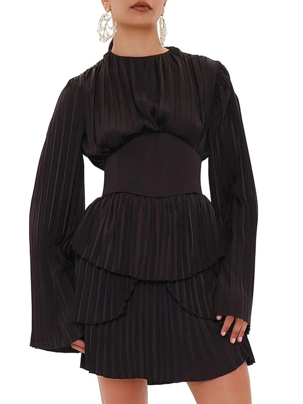 Andrea Iyamah Black Pleated Layered Long-Sleeve Dress NWT Medium